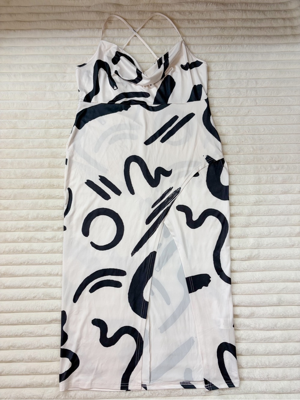 Abstract Print Cowl Neck Midi Dress Cream & Black Criss Cross Back Women’s XL